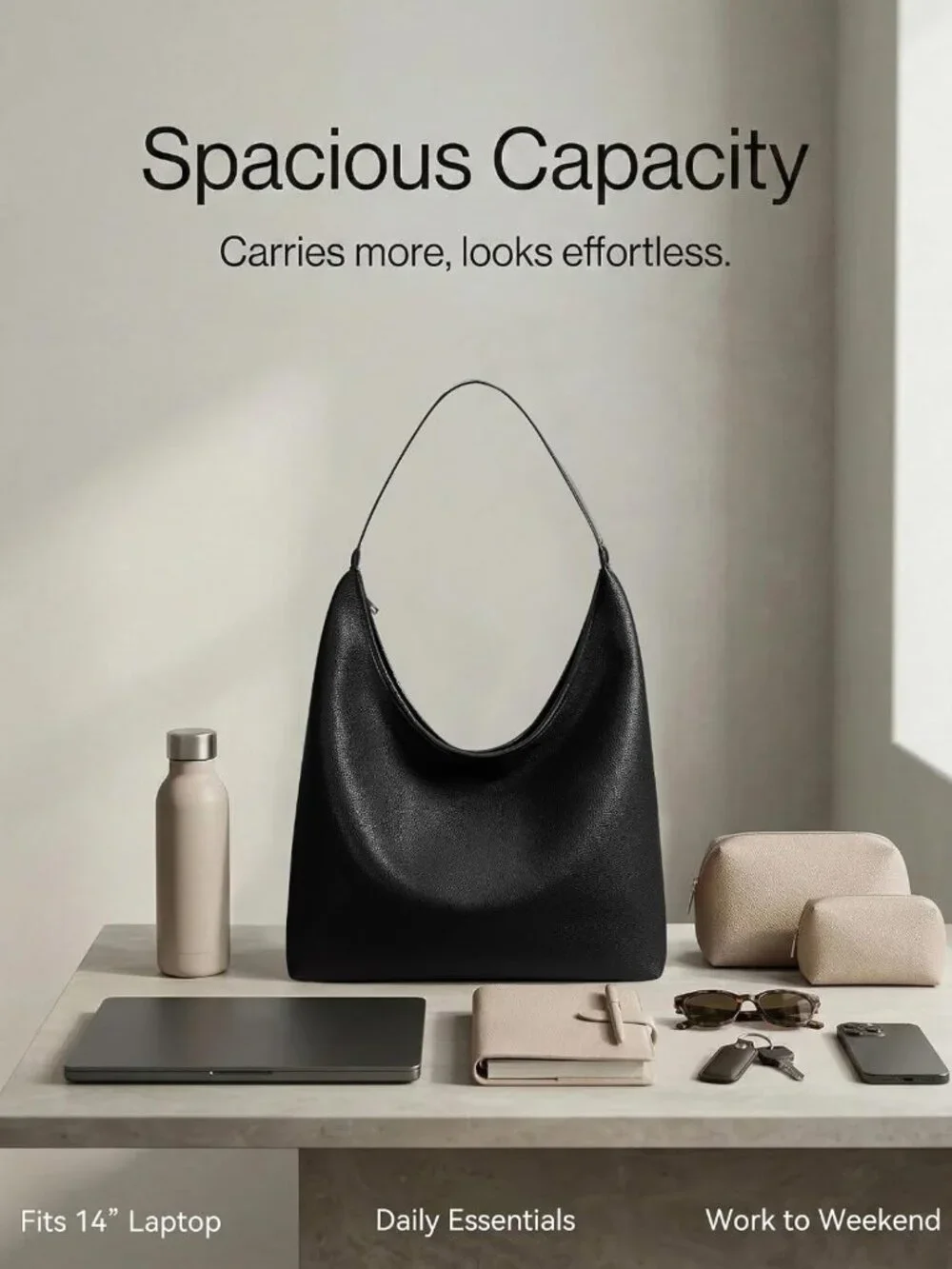 Stylish Large Hobo Tote Bag for Women, Soft Vegan Leather, Zipper Closure